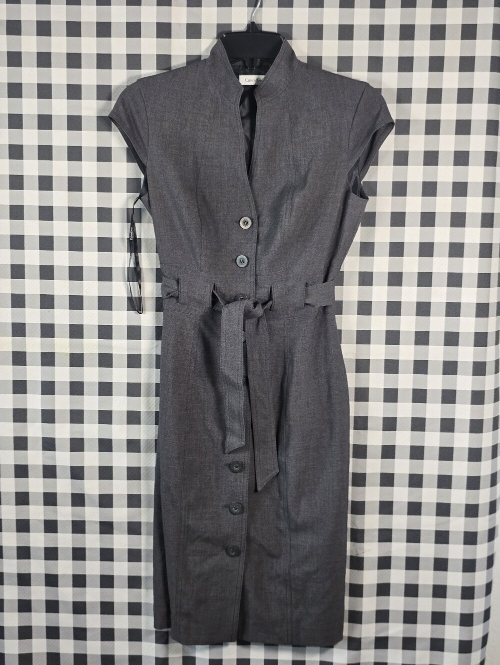 Calvin Klein Gray Belted Button Front Cap Sleeve Sheath Career Dress Sz S Career